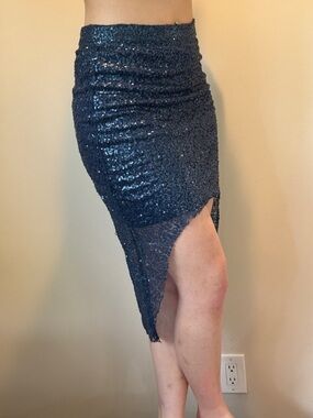 Sequin Asymmetric Navy Blue Pencil Skirt